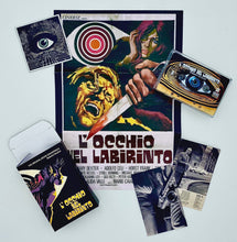 Load image into Gallery viewer, Roberto Nicolosi - &quot;L&#39;occhio nel labirinto&quot; (Eye in the Labyrinth) Original Soundtrack. Audiocassette box set with movie poster, postcard &amp; eye magnet LIMITED EDITION analog remaster from original tapes.
